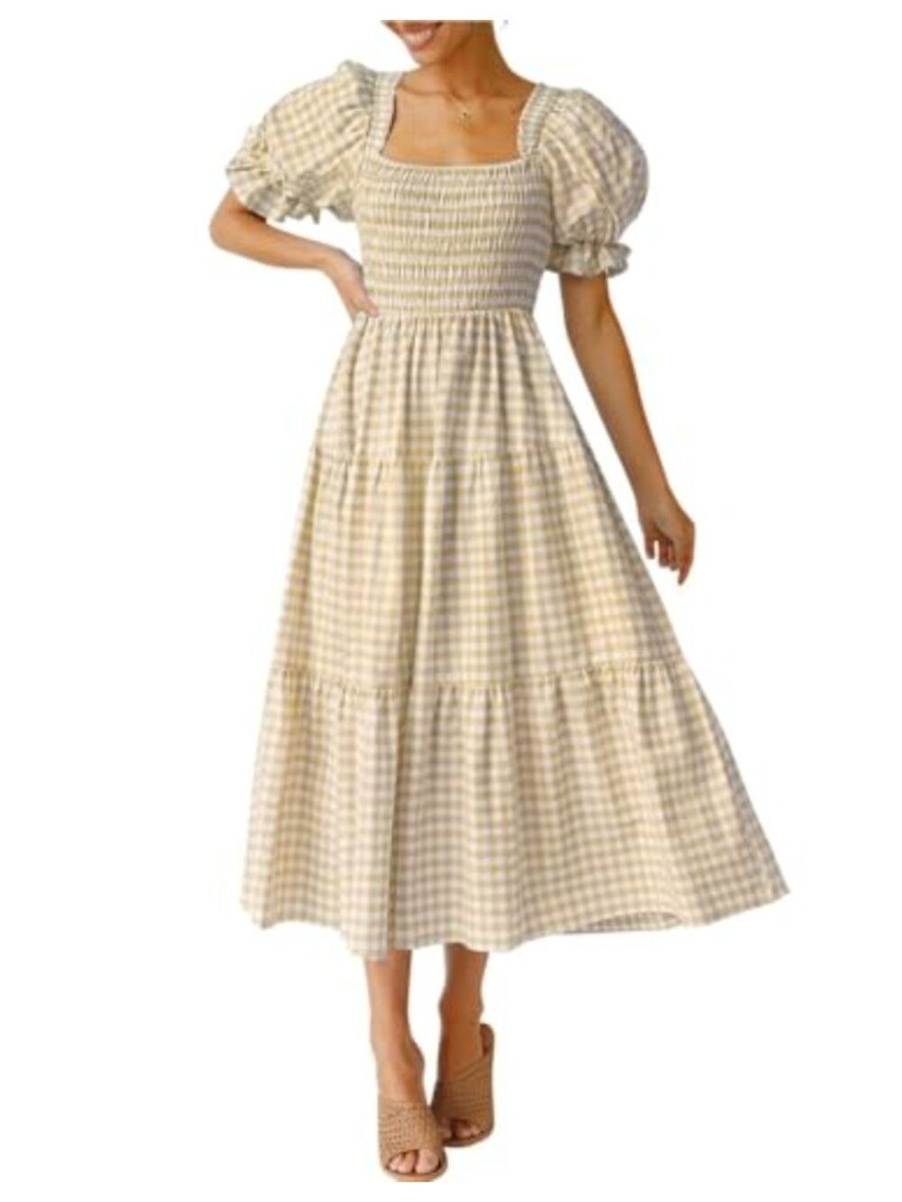 Bohemian Plaid Square Neck Puff Sleeve Ruffle Midi Dress